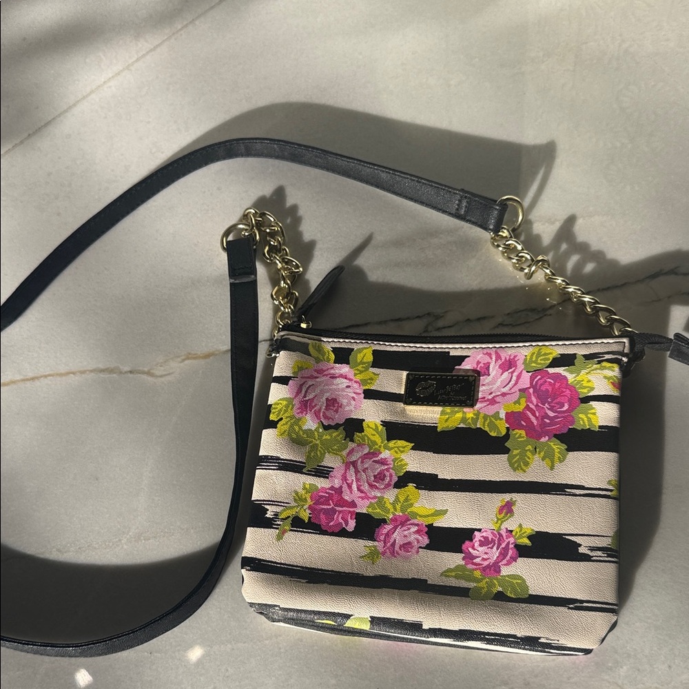 Betsey Johnson Black and Pink Floral Crossbody Bag